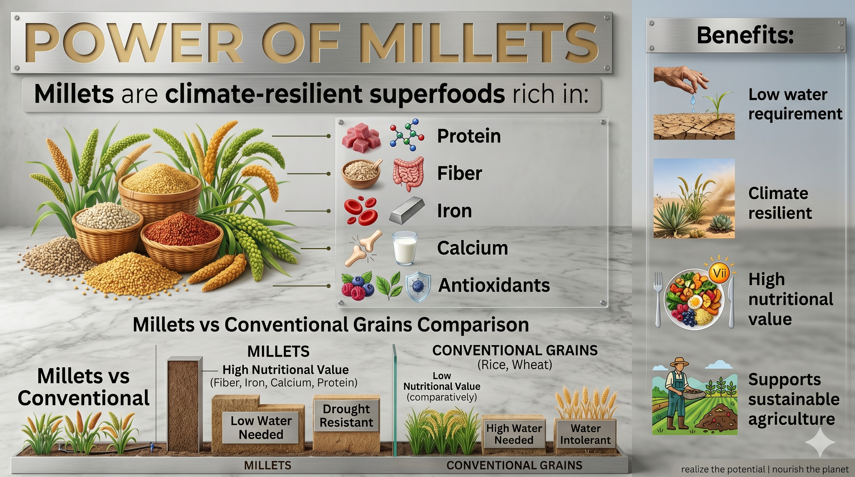 Millets vs conventional grains comparison chart slide